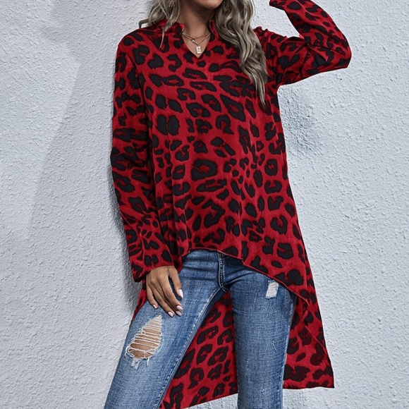 Khaki Black Leopard Animal Print High Low Tunic top - Picture 8 of 13